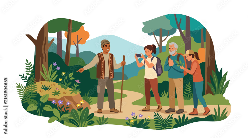 Fototapeta premium Local guide showing diverse tourists forest flora and wildflowers during a nature hiking tour flat vector illustration