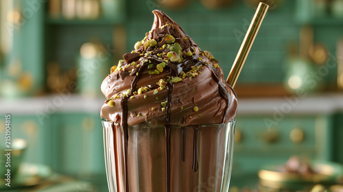 Delicious chocolate milkshake with whipped cream, chocolate syrup, and crushed pistachios in a glass