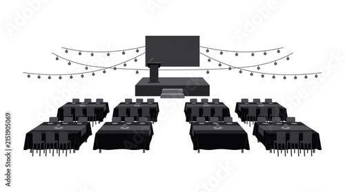 Event Venue Layout with Stage, Tables, and String Lights Illustration