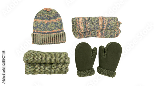 Fotografie Knitted winter set with beanie scarf, and mittens