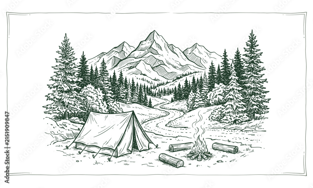 Obraz premium Vintage Camping Adventure Mountain Landscape Vector Design