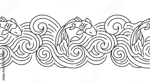 Japanese carps swimming through ocean waves in a seamless decorative banner pattern illustration.