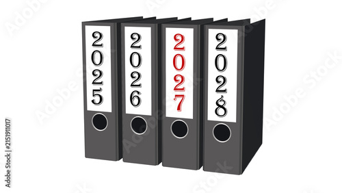 2027 Year change - file folder in a row sorted by ascending year isolated on white background - 3D-Illustration