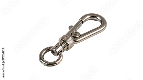 Metallic silver metal carabiner snap hook keychain clip isolated on transparent background