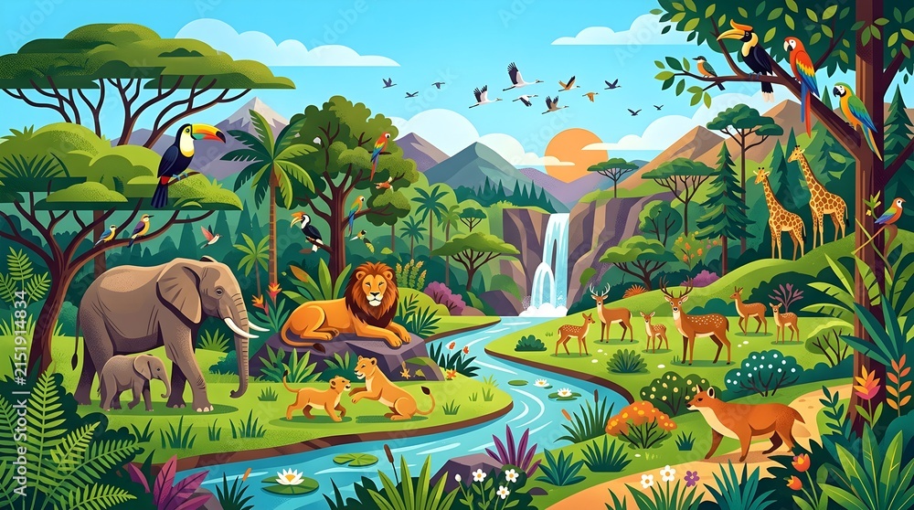 Obraz premium Vibrant jungle landscape featuring diverse wild animals and colorful exotic birds