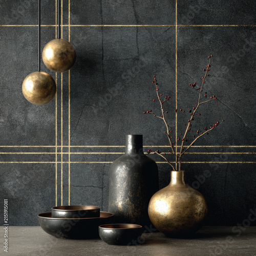Black wallpaper gold line metallic sphere vase bowl branch, luxury dark interior decor with textured wall, hanging orb, ceramic vessel, berry twig, elegant modern still life