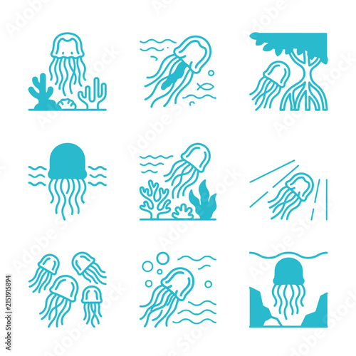 Underwater ocean life jellyfish and coral icons set