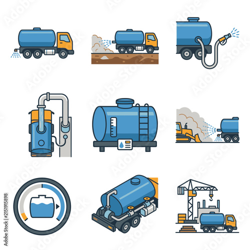 Water truck service operations and equipment icons set