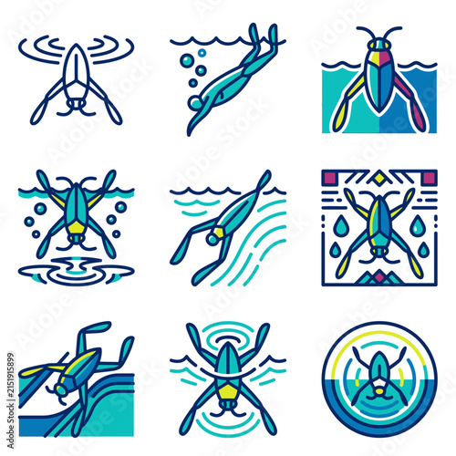 Water insect and human swimming motion icons