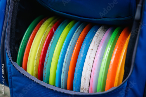 discs in the blue disc golf bag