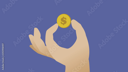 Hand holding gold dollar coin flat vector illustration