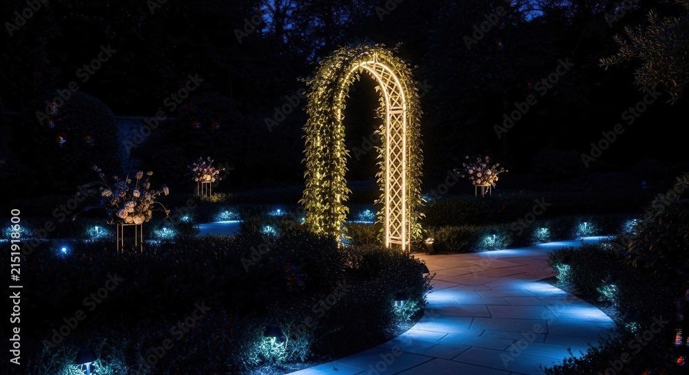 Obraz premium Illuminated Garden Archway Pathway At Night With Blue Uplighting