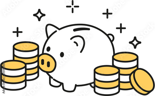 Cute piggy bank surrounded by stacks of gold coins with sparkling stars.