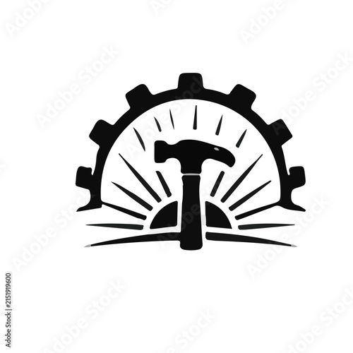 Black and white hammer tool with gear and sun rays graphic icon