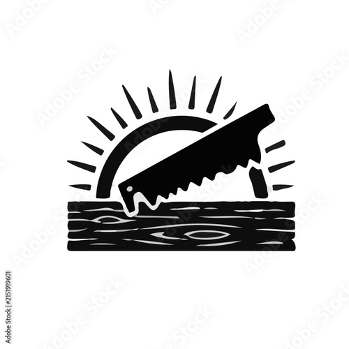 Black Silhouette Hand Saw Cutting Wood Plank with Sun Rays Vector Illustration