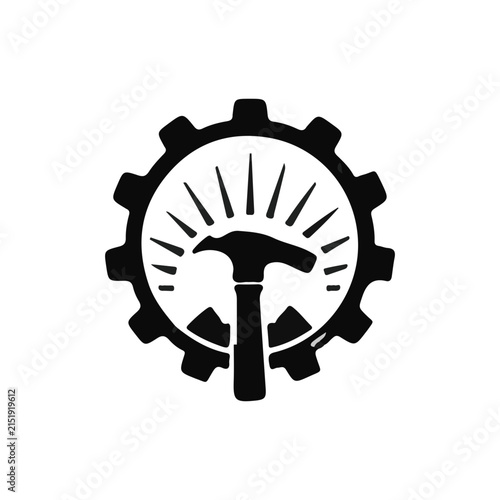 Black Hammer and Gear Cog Vector Icon Illustration