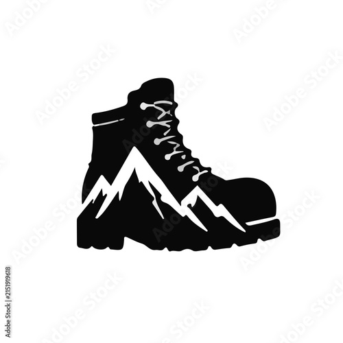 Black Hiking Boot with White Mountain Range Silhouette Vector Illustration