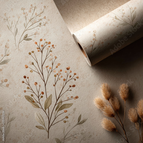 Botanical wallpaper beige floral roll branch leaf textured calming aesthetic interior botanical wallpaper roll with soft floral branch print neutral beige paper texture and dried plant accent