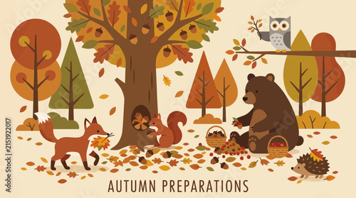 Autumn forest scene with cute animals gathering harvest and acorns