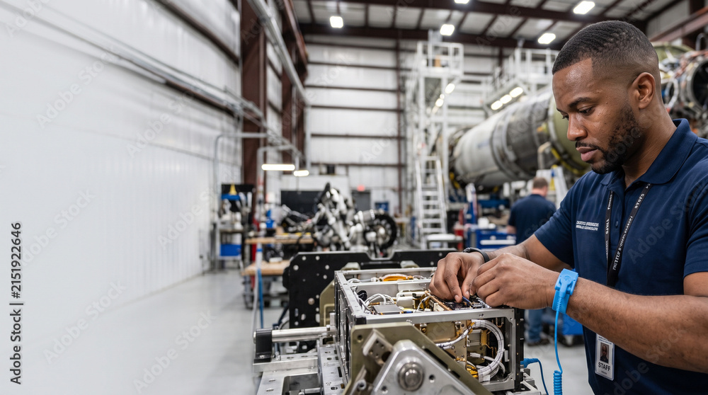 Fototapeta premium Aerospace engineer working on complex electronic satellite equipment in hanger facility