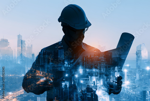 Construction engineer is holding a plan in double exposure above a blue city and construction site. Generative AI