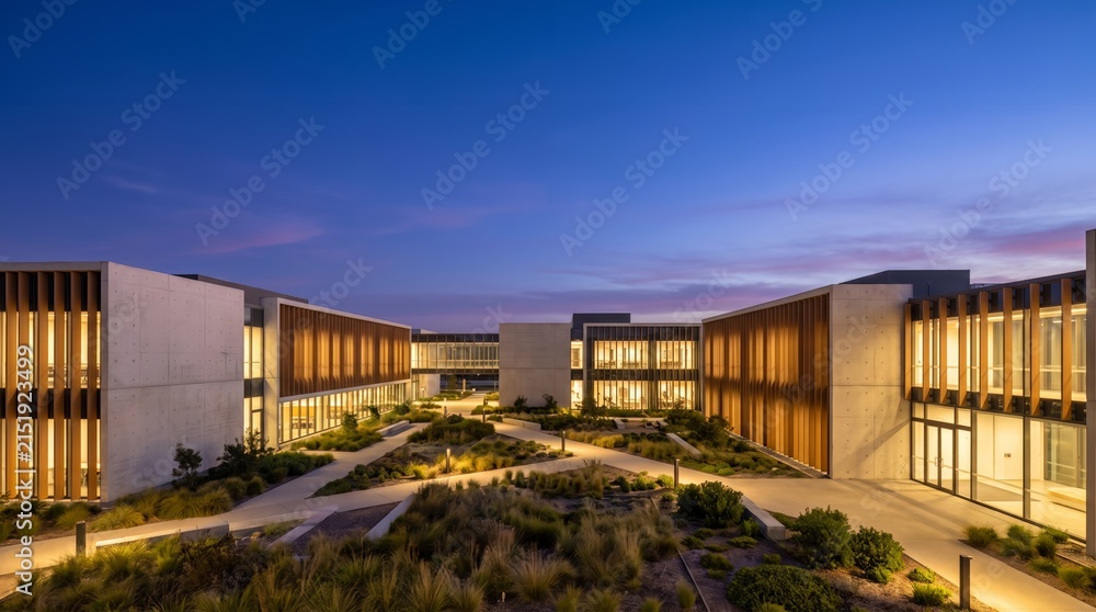 Fototapeta premium Technology Campus At Dusk With Multiple Illuminated Buildings