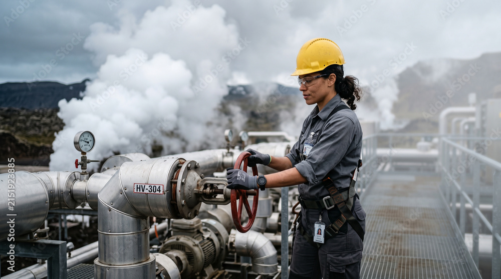 Fototapeta premium Female geothermal plant technician adjusting steam pipe valve in volcanic landscape