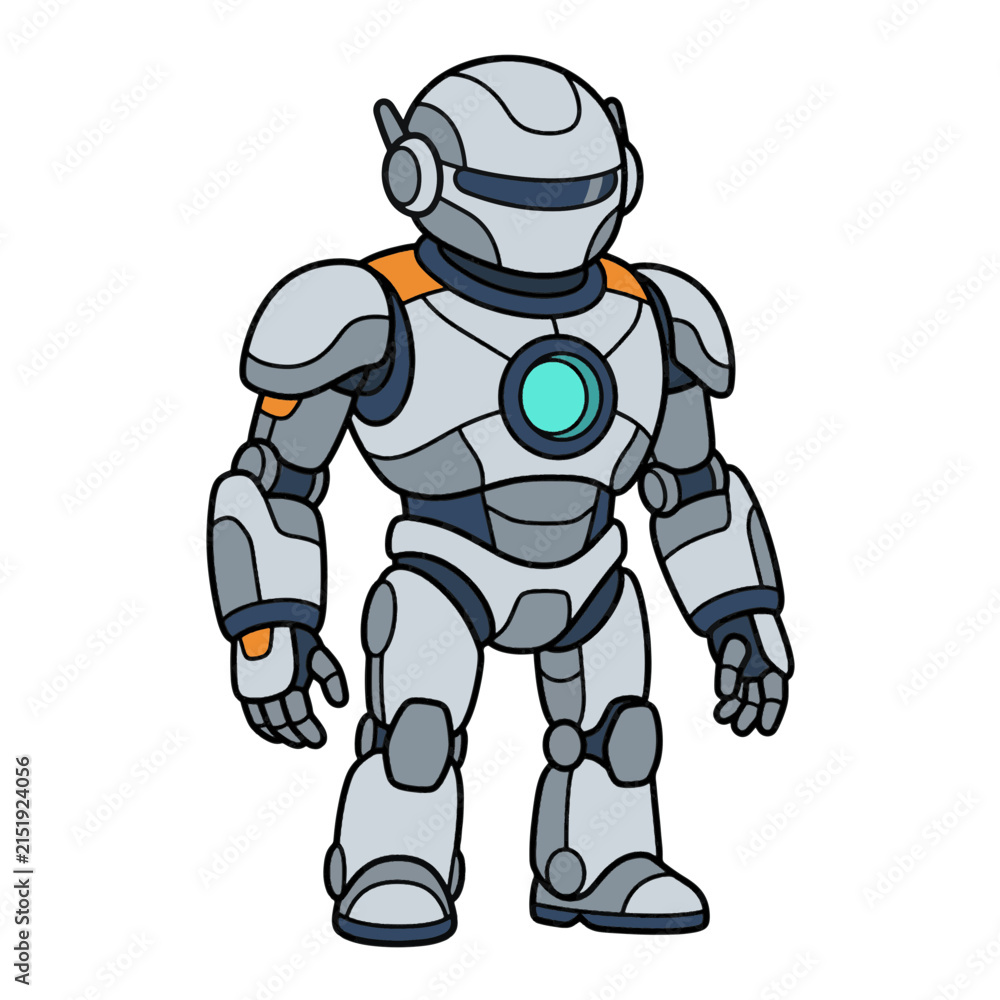 Obraz premium A futuristic metallic robot with a glowing blue core stands tall in this cartoon illustration.