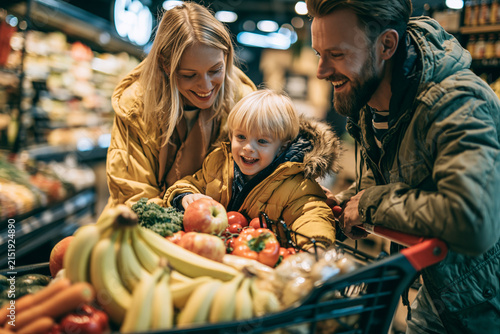 A cheerful young family with a small blonde boy smiles while shopping for fresh produce together in a brightly lit well-stocked modern grocery store aisle
