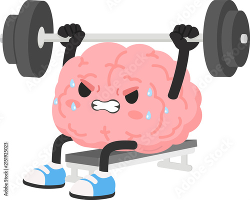 Cartoon Brain Character Weightlifting Barbell Bench Press Illustration