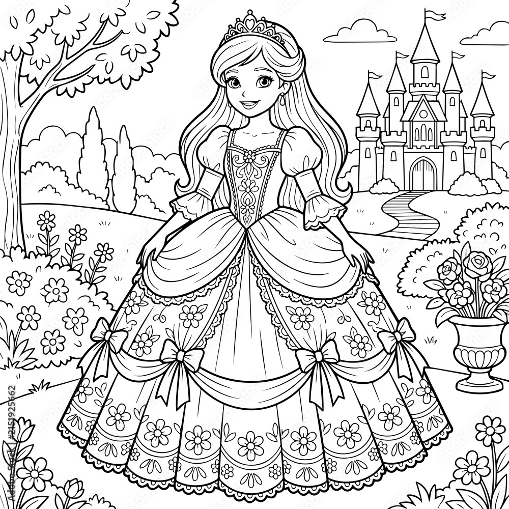 Fototapeta premium Coloring page for children featuring a princess in a gown, standing in a garden with a castle in the background, line style