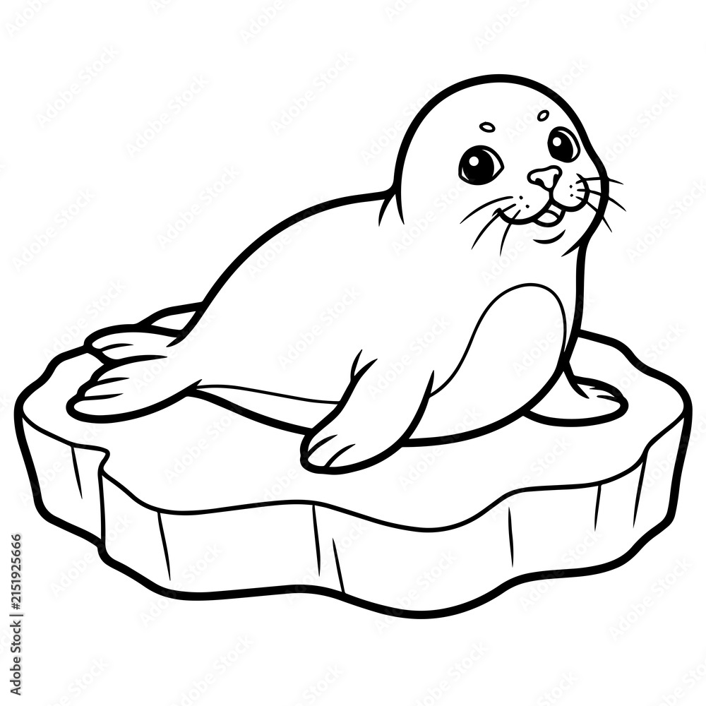 Fototapeta premium Coloring page of a cute baby seal sitting on a floating ice floe, simple line for children to color and enjoy today