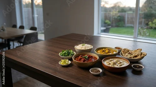 Fototapeta na wymiar Assorted indian food curry bowls and naan bread served on a modern kitchen table near a bright window. curry night menu