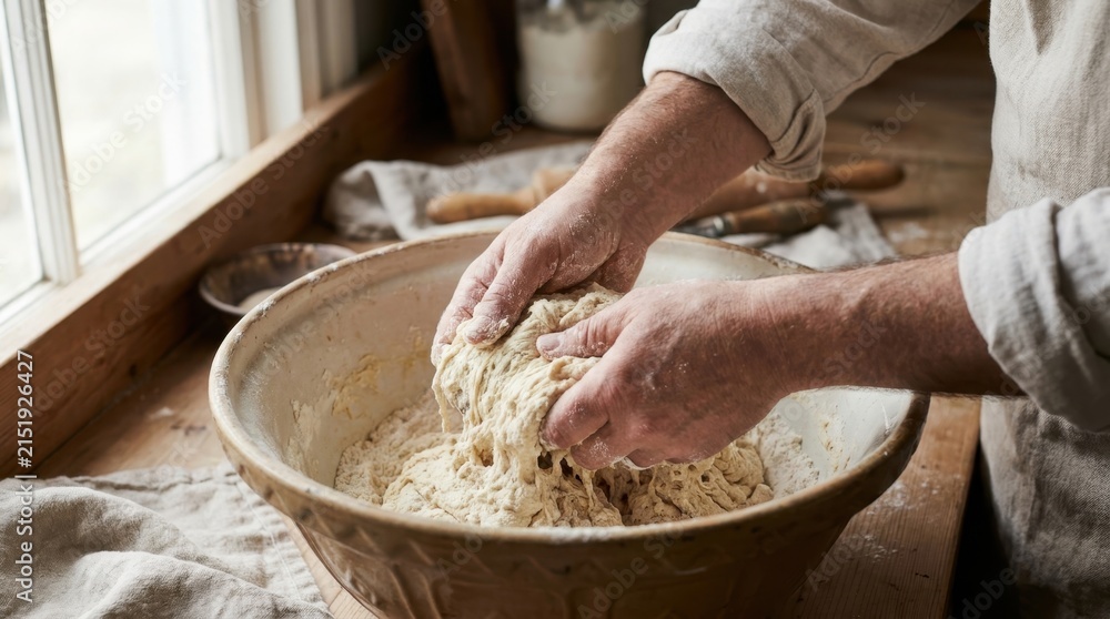 Fototapeta premium Preparing food by kneading dough in a rustic bowl in a bright kitchen