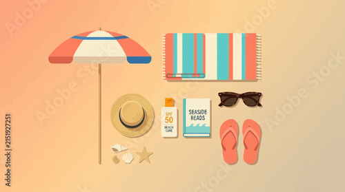 Flat lay beach vacation accessories illustration with sun umbrella and towel