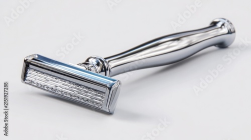 Close-up isolated safety razor with stainless steel blade on white background minimalist composition