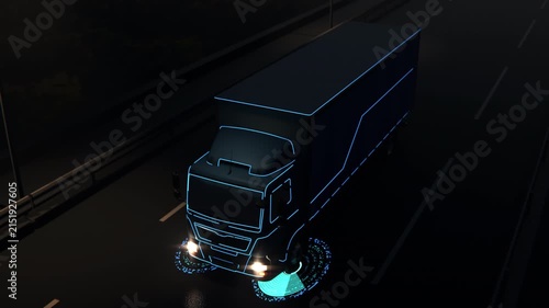 Autonomous Semi Truck Driving at Night with AI HUD Technology Visualization. Self-Driving Electric Cargo Semi-Truck Scans Road and Activates Smart Autopilot Controls for Future Logistics Concept