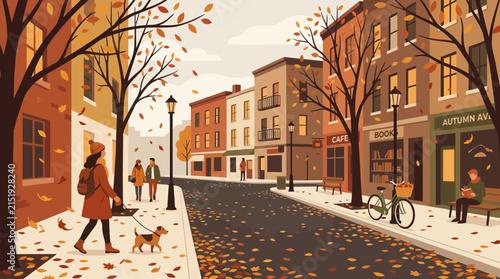 Illustrated Autumn Street Scene with People Walking Dogs and Reading