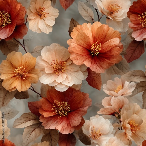 Stunning sunset-hued seamless floral pattern featuring warm tones with a touch of elegance