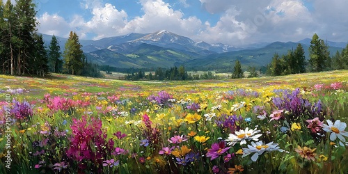Lively field of flowers radiating rich floral tones in a joyous panoramic meadow experience