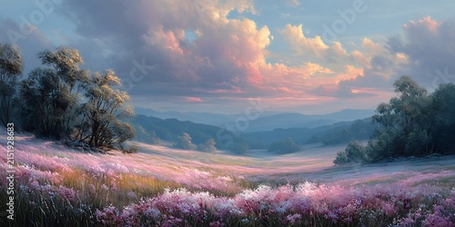 Breathtaking landscape featuring a captivating view of a colorful field under a bright blue sky