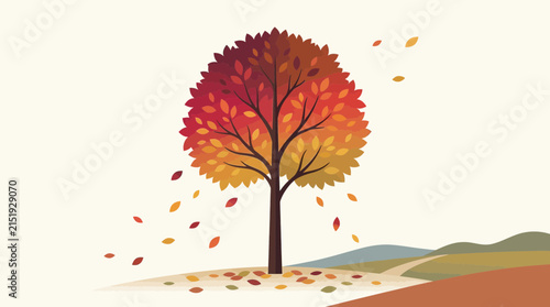 Stylized autumn tree illustration with falling leaves on minimalist background