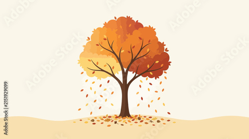 Stylized autumn tree vector graphic with falling orange and yellow leaves