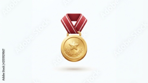 Gold medal with red ribbon suspended in mid air, symbol of victory and achievement.