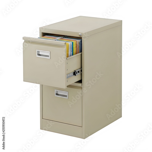 Beige metal filing cabinet with an open drawer and hanging files