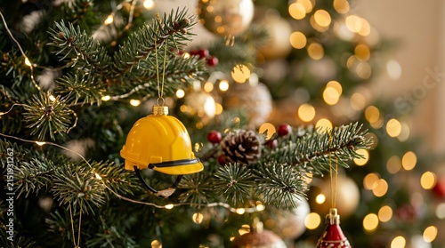 Construction hardhat ornament on Christmas tree. Industrial holiday decor for contractors.