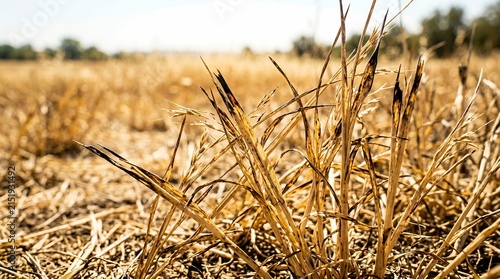 Dried grass blades in a summer drought. Scorched meadow field under intense sunlight.