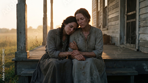 Two Adult Sisters Sharing a Quiet Moment of Grief Together on Porch Steps at Golden Hour