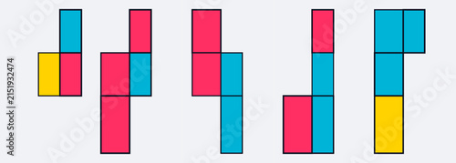фотографія A collection of five geometric block arrangements featuring vibrant red blue yel