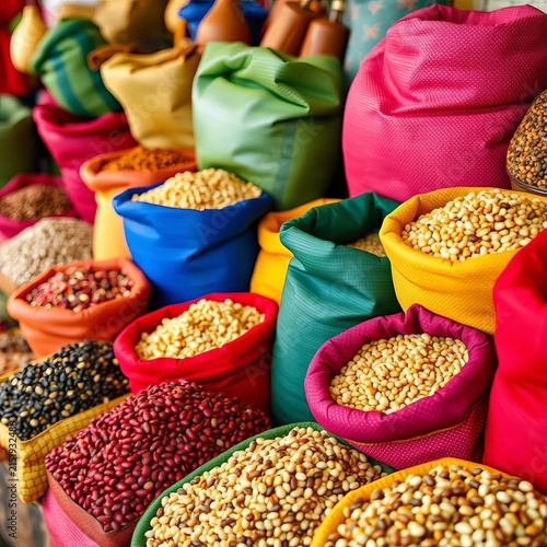 Colorful bags of beans and grains arranged on a vibrant market stall in Africa, tropical, produce